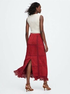 Vintage S.M.H. Leather Suede Maxi Skirt 14 Cranberry Red Crochet Fringe Tall